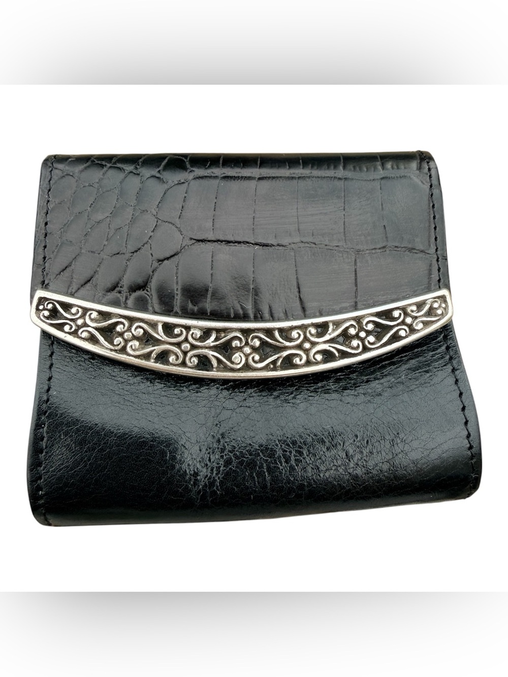 Vintage Brighton black leather croc-embossed compact coin wallet and belt pouch